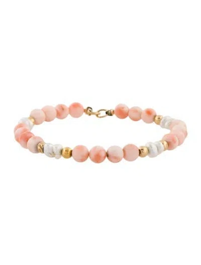 Pre-owned Bracelet 14k Pearl & Coral Bead Strand  In Multi