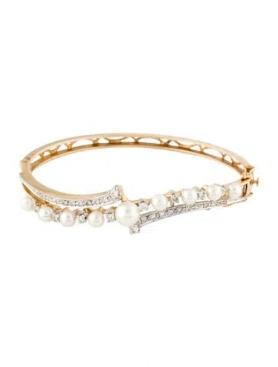 Pre-owned Bracelet 14k Pearl & Diamond Bangle, 6.5" In Multi