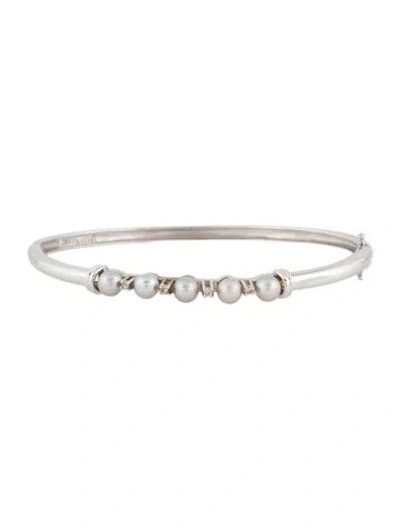 Pre-owned Bracelet 14k Pearl & Diamond Bangle, 7" In Multi