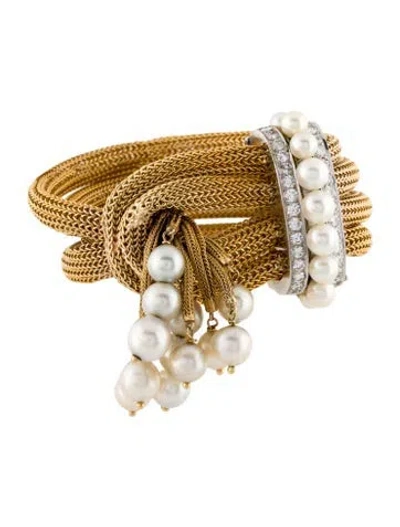Pre-owned Bracelet 14k Pearl & Diamond Link , 5.5" In Multi