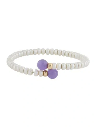 Pre-owned Bracelet 14k Pearl & Dyed Jadeite Bead Cuff, 6.5" In Gray