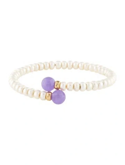 Pre-owned Bracelet 14k Pearl & Dyed Jadeite Cuff , 6.75" In Multi