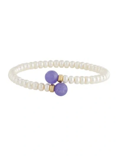 Pre-owned Bracelet 14k Pearl & Dyed Jadeite Cuff , 7" In Multi