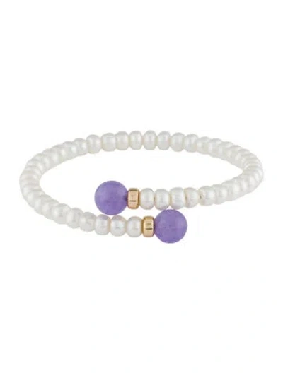 Pre-owned Bracelet 14k Pearl & Dyed Jadeite Cuff , 7.5" In Multi