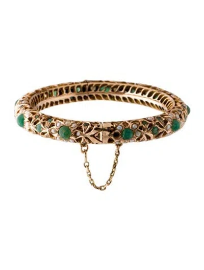 Pre-owned Bracelet 14k Pearl & Emerald Bangle, 7" In Multi