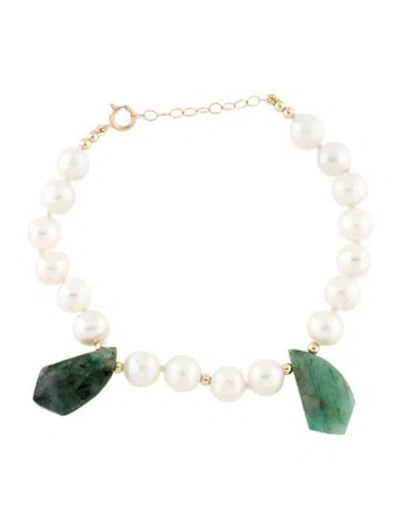 Pre-owned Bracelet 14k Pearl & Emerald Bead , 7.5" In Multi
