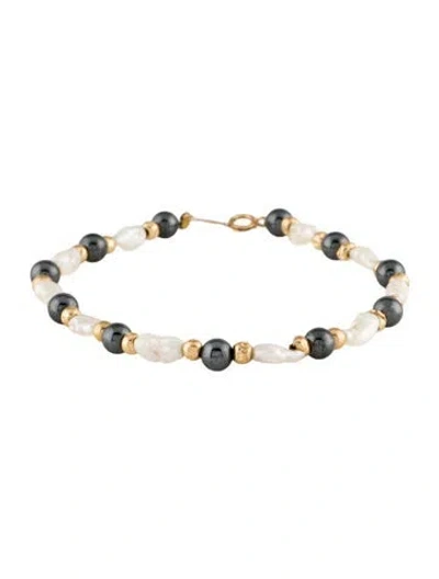 Pre-owned Bracelet 14k Pearl & Hematine Bead Strand , 6.75" In Multi