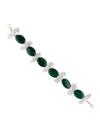 Pre-owned Bracelet 14k Pearl & Malachite Bead , 7.25" In Multi