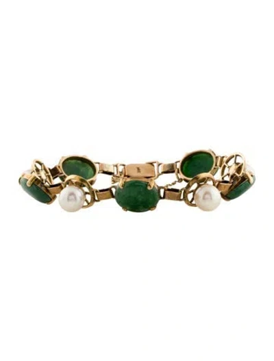 Pre-owned Bracelet 14k Pearl & Nephrite Link , 7" In Multi