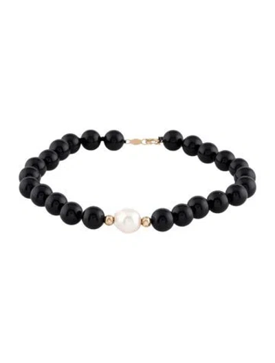 Pre-owned Bracelet 14k Pearl & Onyx Bead , 6.5" In Multi