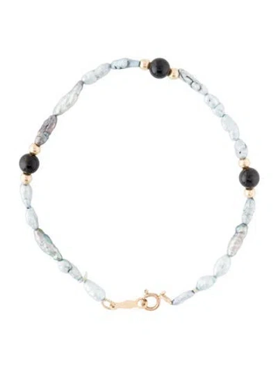Pre-owned Bracelet 14k Pearl & Onyx Bead Strand , 6.75" In Multi