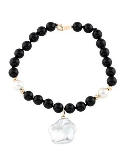 Pre-owned Bracelet 14k Pearl & Onyx Flower Charm Bead , 6.5" In Multi