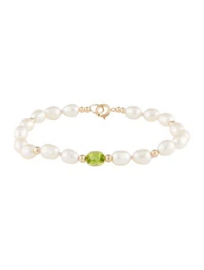 Pre-owned Bracelet 14k Pearl & Peridot Bead , 6" In Multi