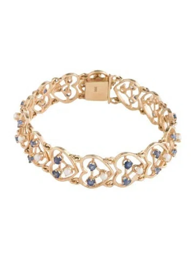 Pre-owned Bracelet 14k Pearl & Sapphire Link , 6.75" In Multi