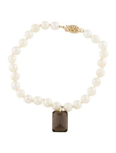 Pre-owned Bracelet 14k Pearl & Smoky Quartz Charm & Bead Strand , 7" In Multi