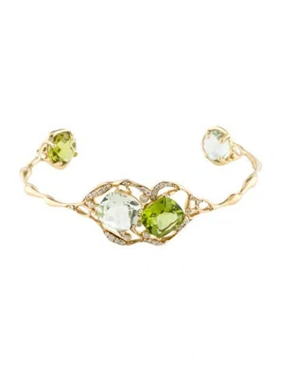 Pre-owned Bracelet 14k Peridot, Prasiolite & Diamond Cuff, 5.5" In Multi