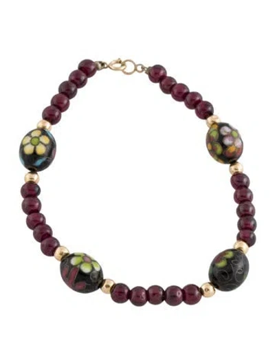 Pre-owned Bracelet 14k Rhodolite Garnet & Lacquer Bead , 7" In Black