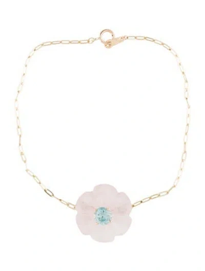 Pre-owned Bracelet 14k Rose Quartz Carved Flower & Zircon Station , 7" In Multi