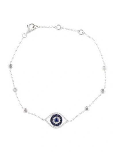 Pre-owned Bracelet 14k Sapphire & Diamond Evil Eye Station, 7" In Multi