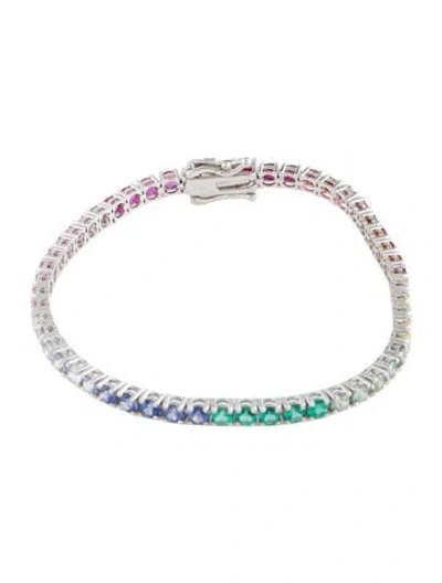 Pre-owned Bracelet 14k Synthetic Emerald, Synthetic Ruby, & Sapphire Tennis , 7" In Multi