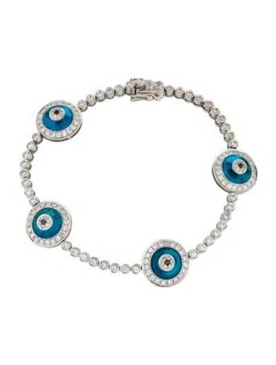 Pre-owned Bracelet 18k 1.57ctw Diamond, Spinel & Glass Evil Eye Station , 6.75" In Blue