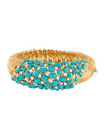 Pre-owned Bracelet 18k 3.58ctw Diamond & Turquoise Bangle, 6.25" In Multi