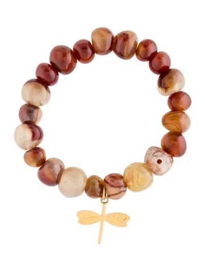 Pre-owned Bracelet 18k Agate Dragonfly Charm Beaded , 6" In Multi