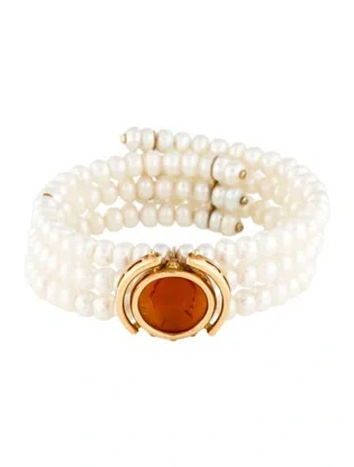Pre-owned Bracelet 18k Carnelian & Pearl Cuff , 6.5" In Multi