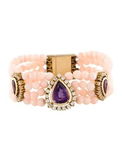 Pre-owned Bracelet 18k Coral, 5.65ctw Amethyst & Diamond Multistrand , 6.5"