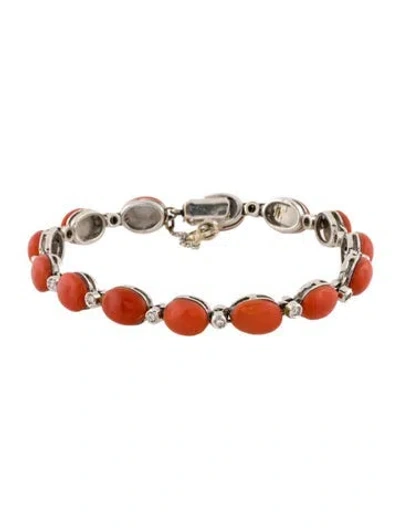 Pre-owned Bracelet 18k Coral & Diamond Link , 7.25" In Multi