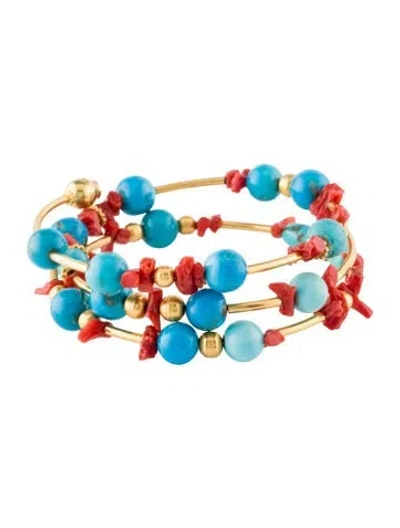Pre-owned Bracelet 18k Coral & Turquoise Bead Wrap  In Red
