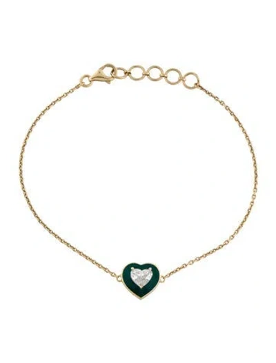 Pre-owned Bracelet 18k Diamond & Enamel Heart Station , 6.75" In Green