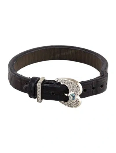 Pre-owned Bracelet 18k Diamond & Topaz Buckle Leather  In Black
