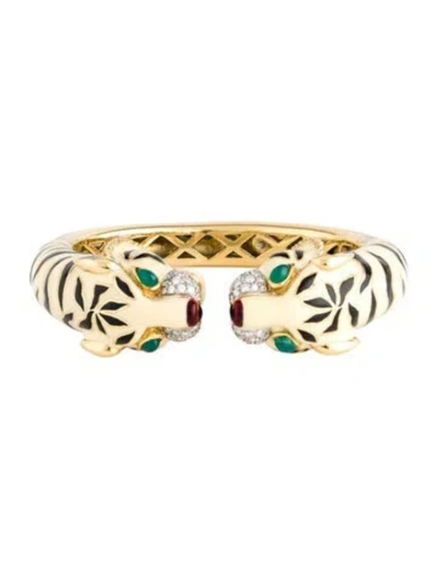 Pre-owned Bracelet 18k Diamond, Chalcedony, & Enamel Tiger Cuff, 6.5" In Multi
