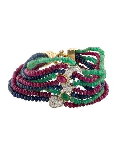 Pre-owned Bracelet 18k Diamond, Ruby, Emerald, & Sapphire Bead , 7" In Multi