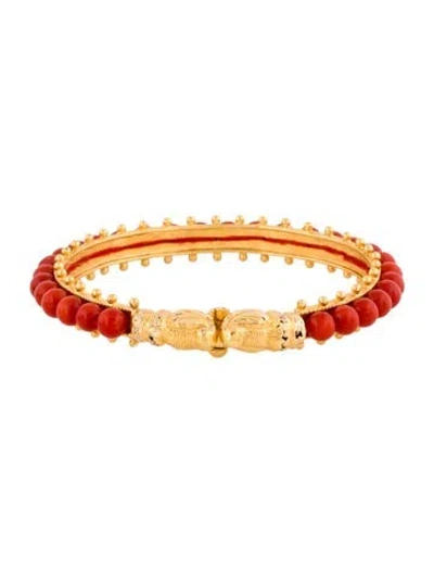 Pre-owned Bracelet 18k Dyed Coral Hinged Bangle, 7.5" In Red