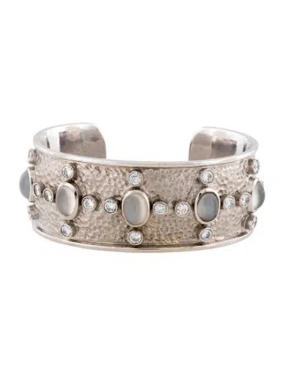 Pre-owned Bracelet 18k Moonstone & Diamond Textured Cuff , 6" In Multi
