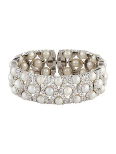 Pre-owned Bracelet 18k Pearl & Diamond Cuff, 6.25" In Multi