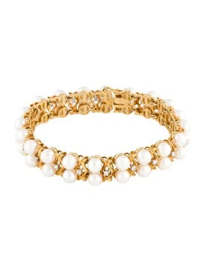 Pre-owned Bracelet 18k Pearl & Diamond Double Row Link , 6.5" In Multi