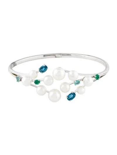 Pre-owned Bracelet 18k Pearl & Multi-stone Hinge Bangle, 7"