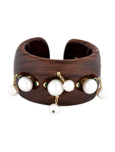 Pre-owned Bracelet 18k Pearl, Emerald & Wood Cuff , 5.75" In Brown