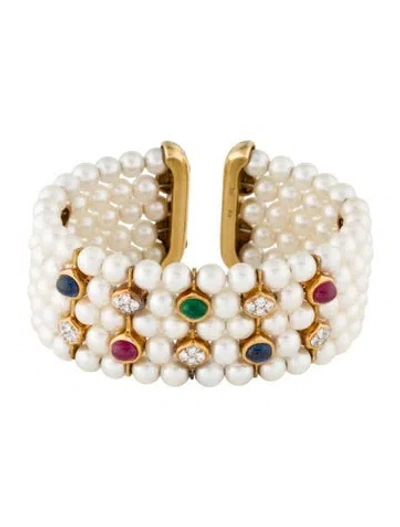 Pre-owned Bracelet 18k Pearl, Multi-stone & Diamond Cuff, 6"