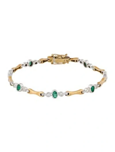 Pre-owned Bracelet 18k Two-tone Emerald & Diamond Link  In Multi