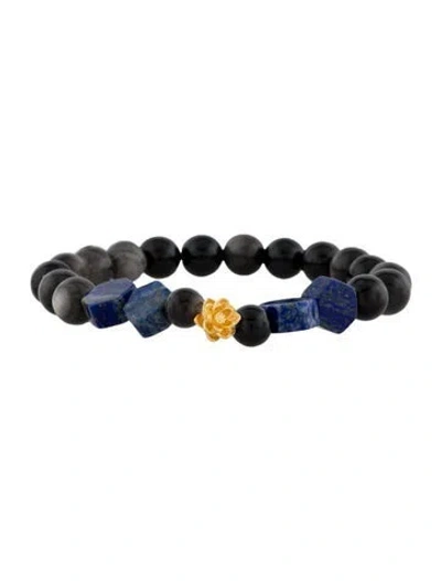 Pre-owned Bracelet 24k Obsidian & Lapis Lazuli Flower Charm Bead  In Multi