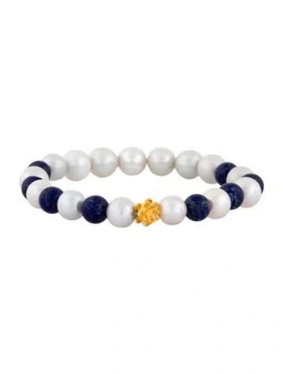 Pre-owned Bracelet 24k Pearl & Lapis Lazuli Bead , 6.5" In Multi