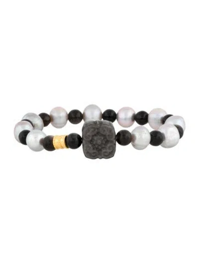 Pre-owned Bracelet 24k Pearl & Obsidian Bead , 6" In Multi