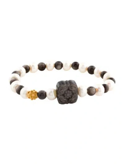 Pre-owned Bracelet 24k Pearl & Obsidian Bead , 7" In Multi