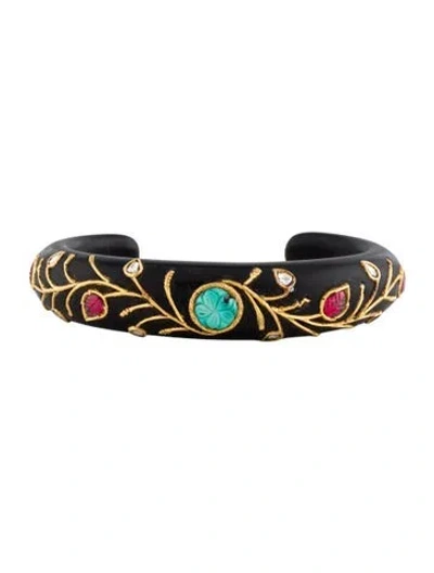 Pre-owned Bracelet Amrita Singh 22k Diamond, Turquoise & Ruby Wood Zaida Cuff, 6.5" In Brown