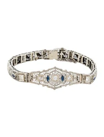 Pre-owned Bracelet Art Deco 10k Diamond, Synthetic Sapphire & Glass , 6.75" In Blue