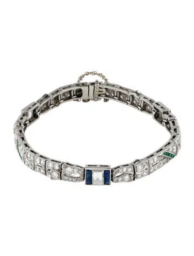 Pre-owned Bracelet Art Deco Platinum Emerald, Sapphire & 4.03ctw Diamond Link , 6.75" In Multi